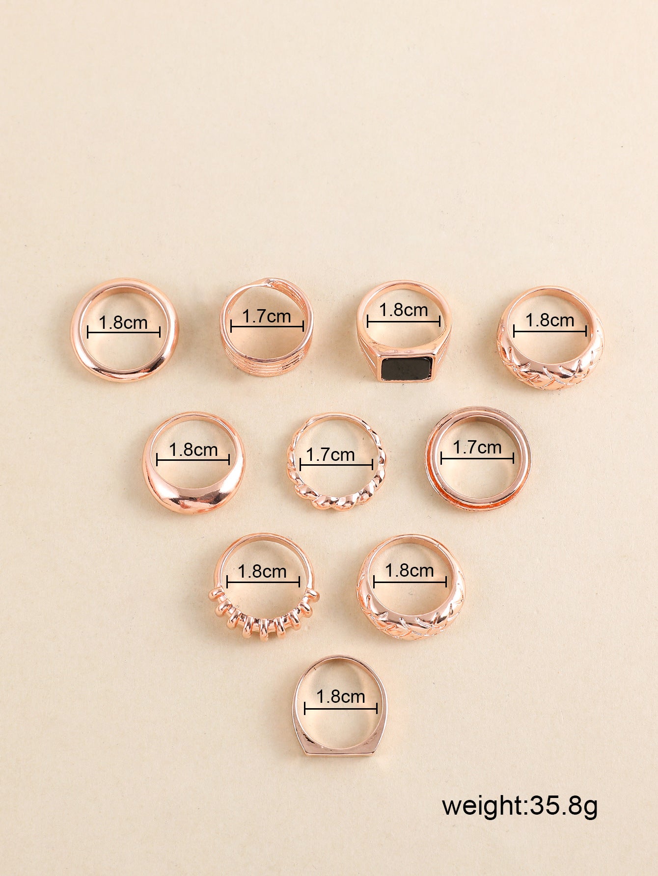 10-Piece Geometric Stackable Rings Set in Gold/Silver/Rose Gold