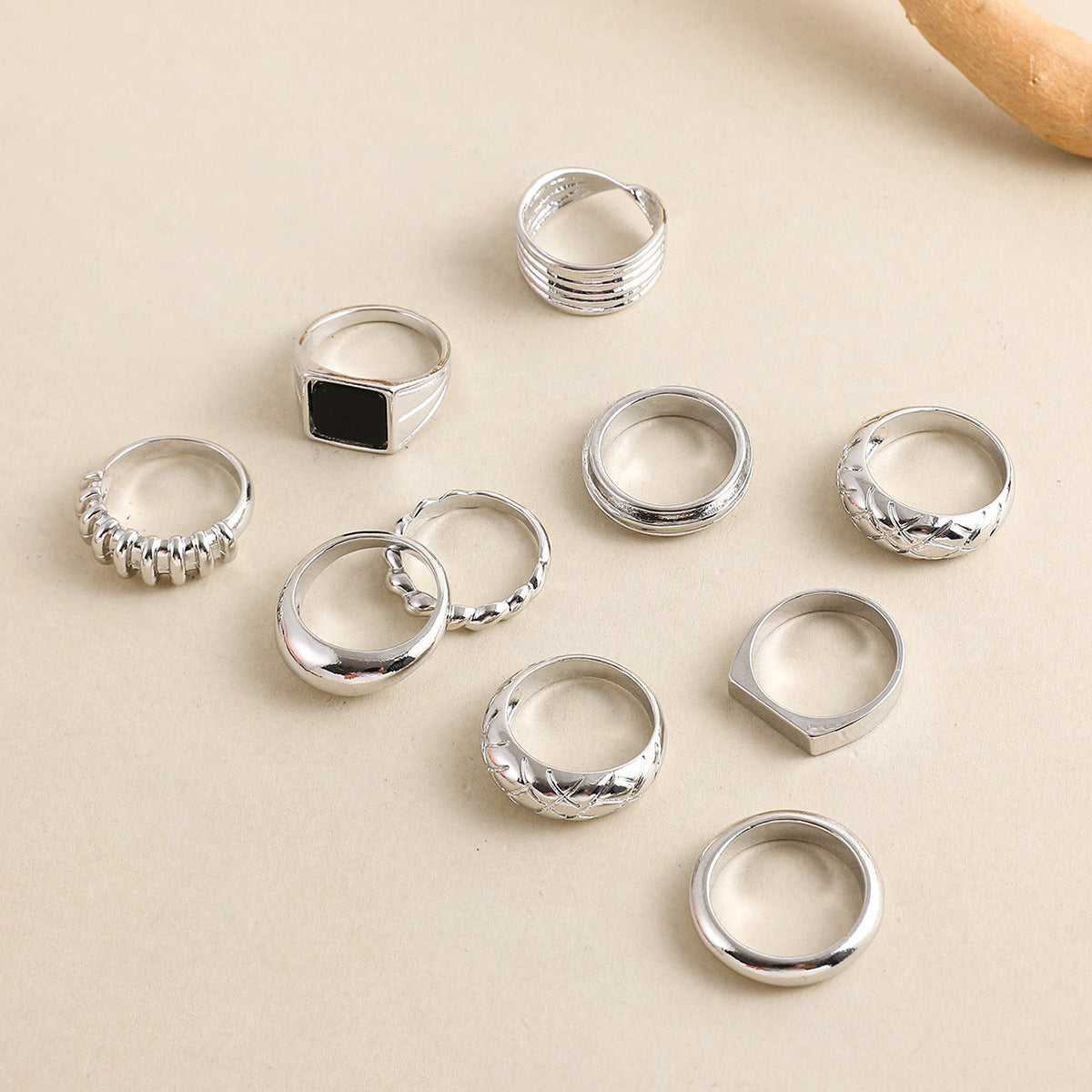 10-Piece Geometric Stackable Rings Set in Gold/Silver/Rose Gold