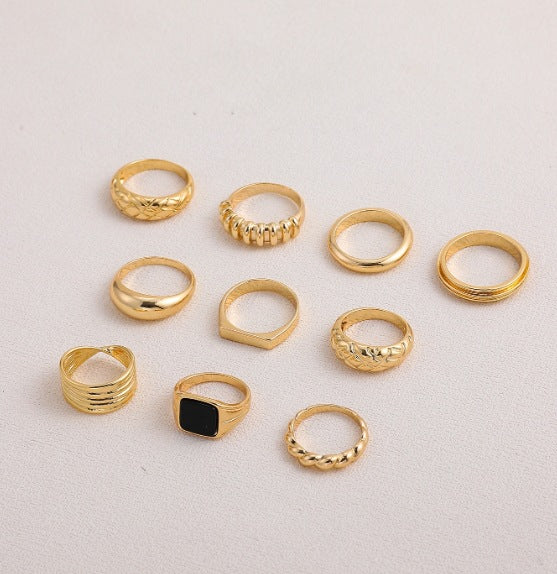 10-Piece Geometric Stackable Rings Set in Gold/Silver/Rose Gold