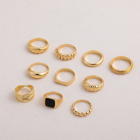 10-Piece Geometric Stackable Rings Set in Gold/Silver/Rose Gold