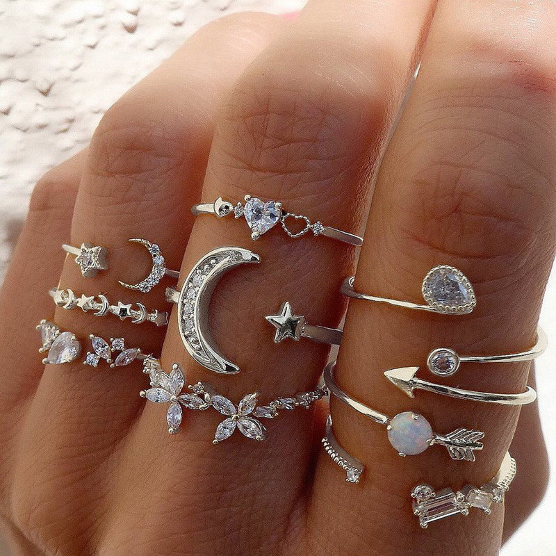 Alloy Heart Butterfly Star Moon Rings Set for Women